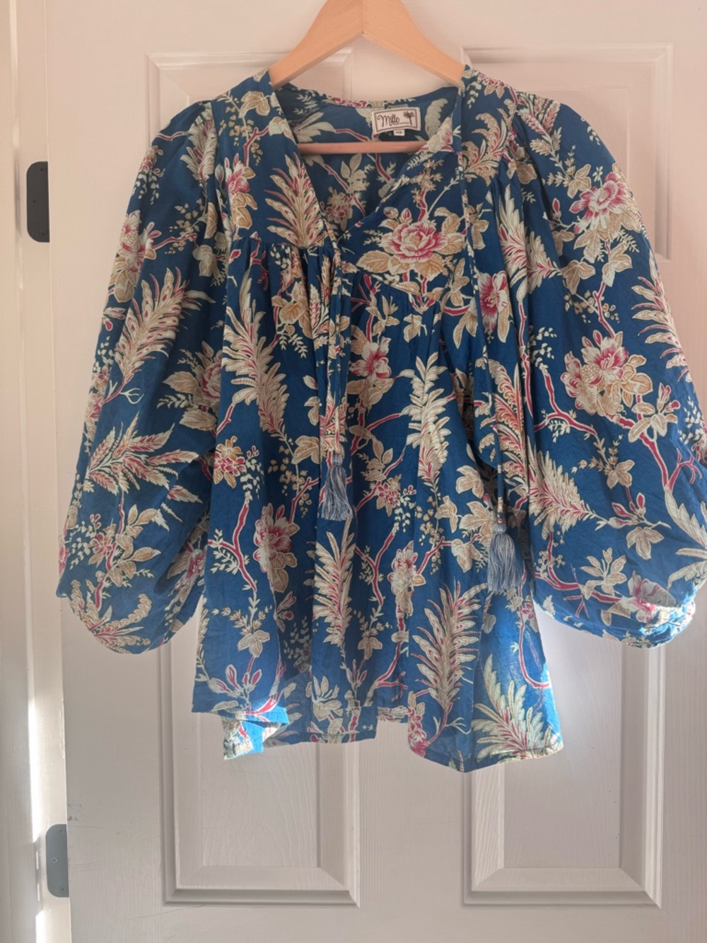 Mille Floral Blue Peasant Tunic with Tassel Tie